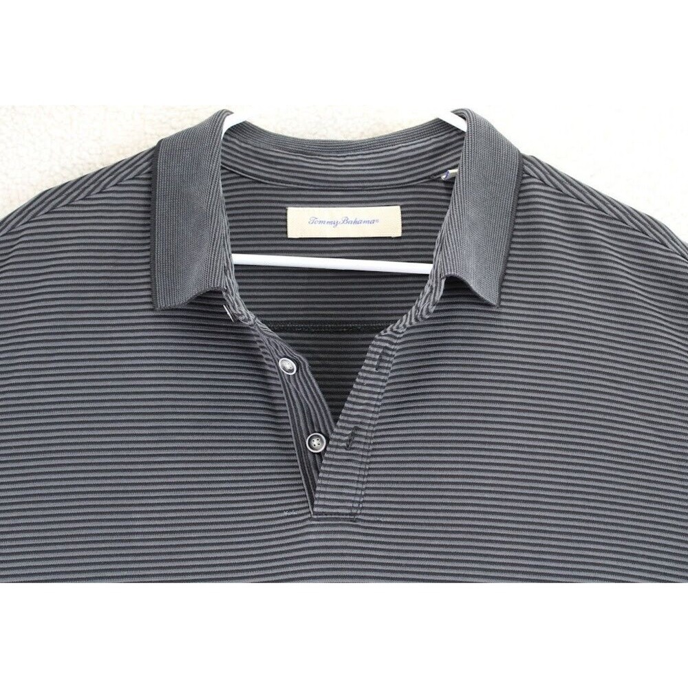 Tommy Bahama Mens Polo Shirt Gray Black Stripe Short Sleeve Button Neck Size XL‎